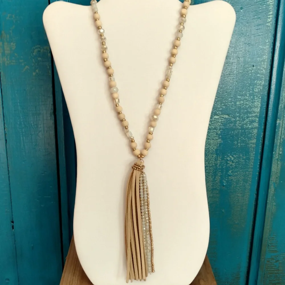 Wood, bead, crystal, and suede tassel necklace